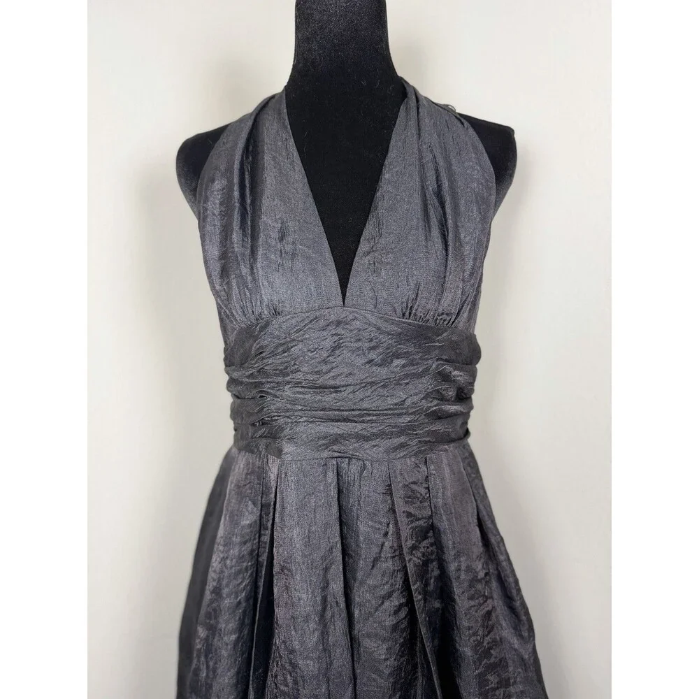Adrianna Papell Black Halter Cocktail Dress Size 12 Pleated Satin Fit & Flare - Picture 4 of 13
